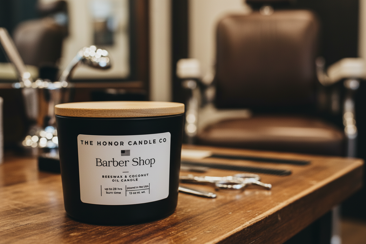 Black jar candle with a wooden lid by The Honor Candle Co, sitting on a wooden surface.