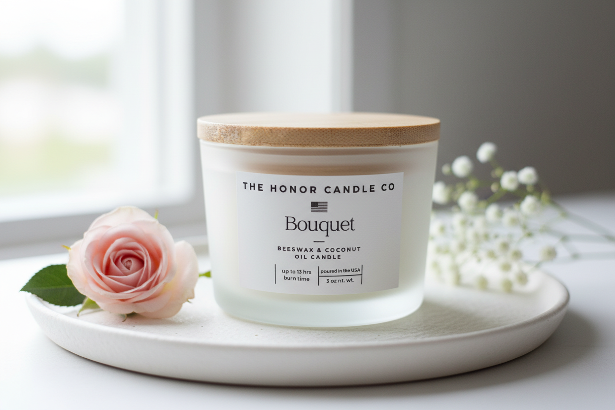 White beeswax and coconut oil candle by The Honor Candle Co, on a white plate next to a rose and baby’s breath.