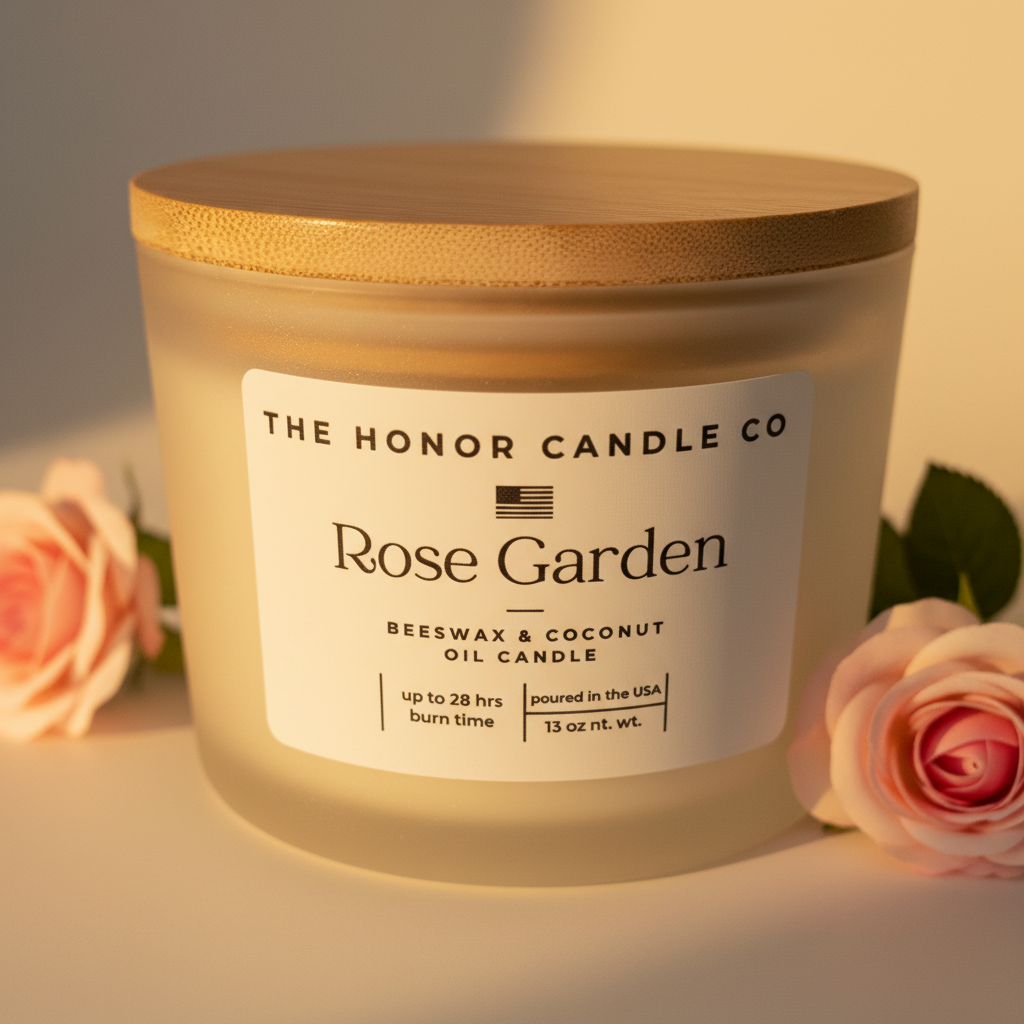 Beeswax and coconut oil candle, by The Honor Candle Co, with a wooden lid and roses on either side.
