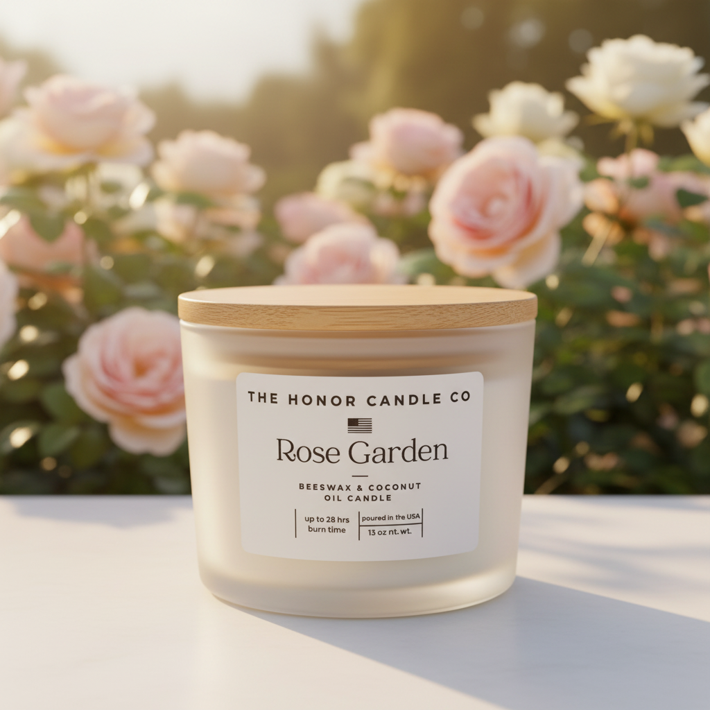 Frosted glass candle by The Honor Candle Co, with a wooden lid, set against a rose garden.