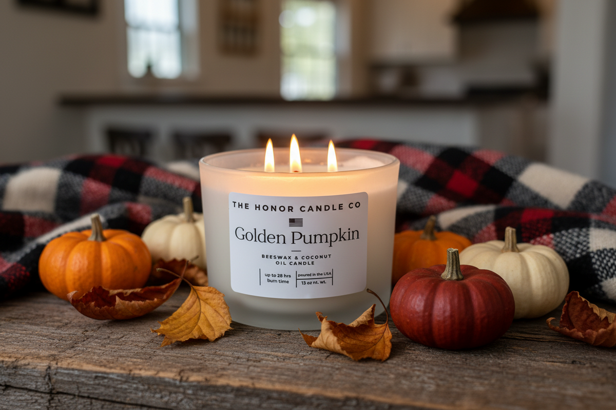 Golden Pumpkin candle by The Honor Candle Co, surrounded by fall leaves and miniature pumpkins.
