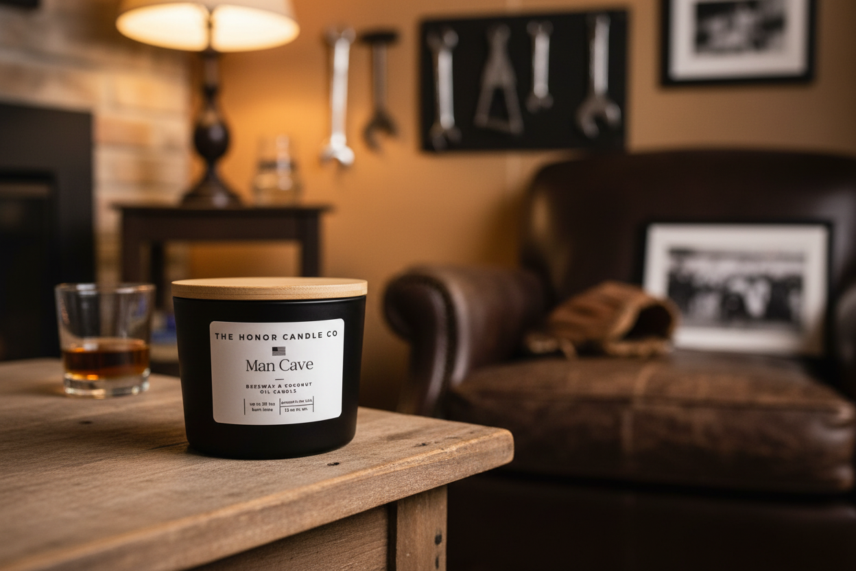 Black Man Cave candle by The Honor Candle Co, sitting on a rustic wooden table with a glass of whiskey.