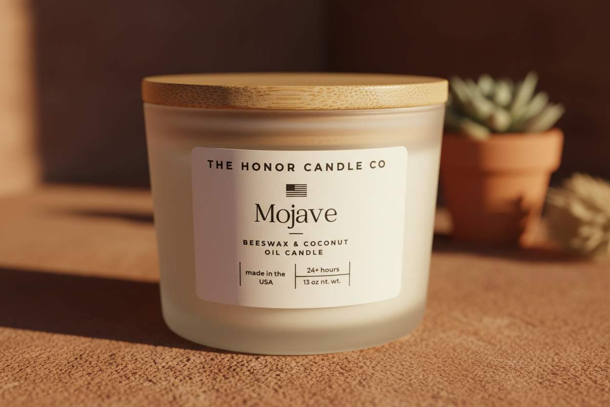 White Mojave scented candle by The Honor Candle Co, with a wood lid, sitting on a textured surface with decor.
