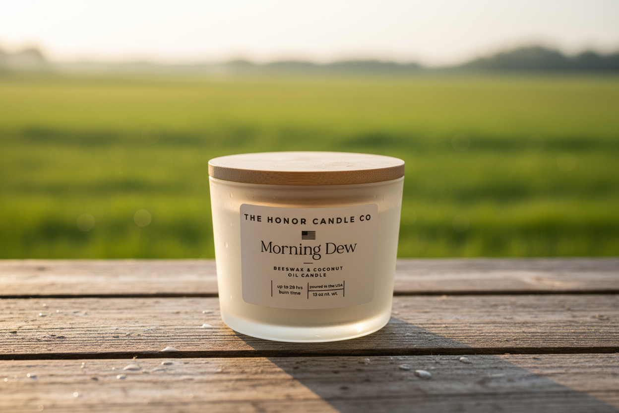 Beeswax and coconut oil candle, Morning Dew by The Honor Candle Co, on a wooden table in a green field.
