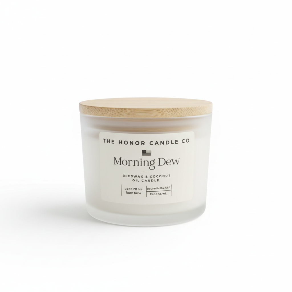 Beeswax and coconut oil candle by The Honor Candle Co, with a wooden lid and a frosted glass jar.

