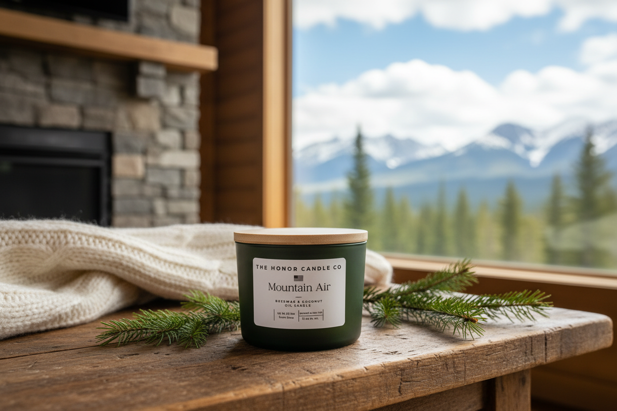 Green scented candle by The Honor Candle Co. on a wooden table with pine sprigs, styled with a neutral knit blanket, and a mountain view.
