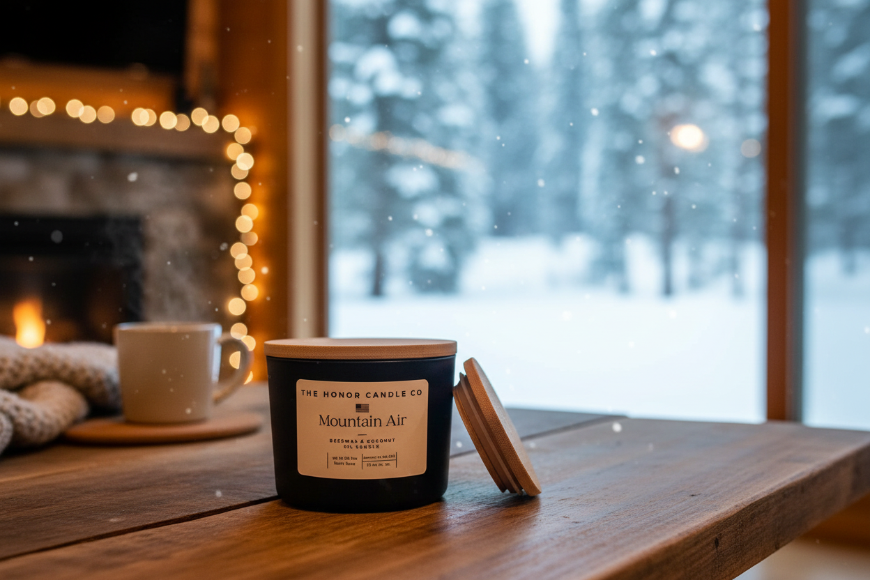 Black jar candle with a wooden lid by The Honor Candle Co, placed on a rustic wooden table beside a steaming mug.