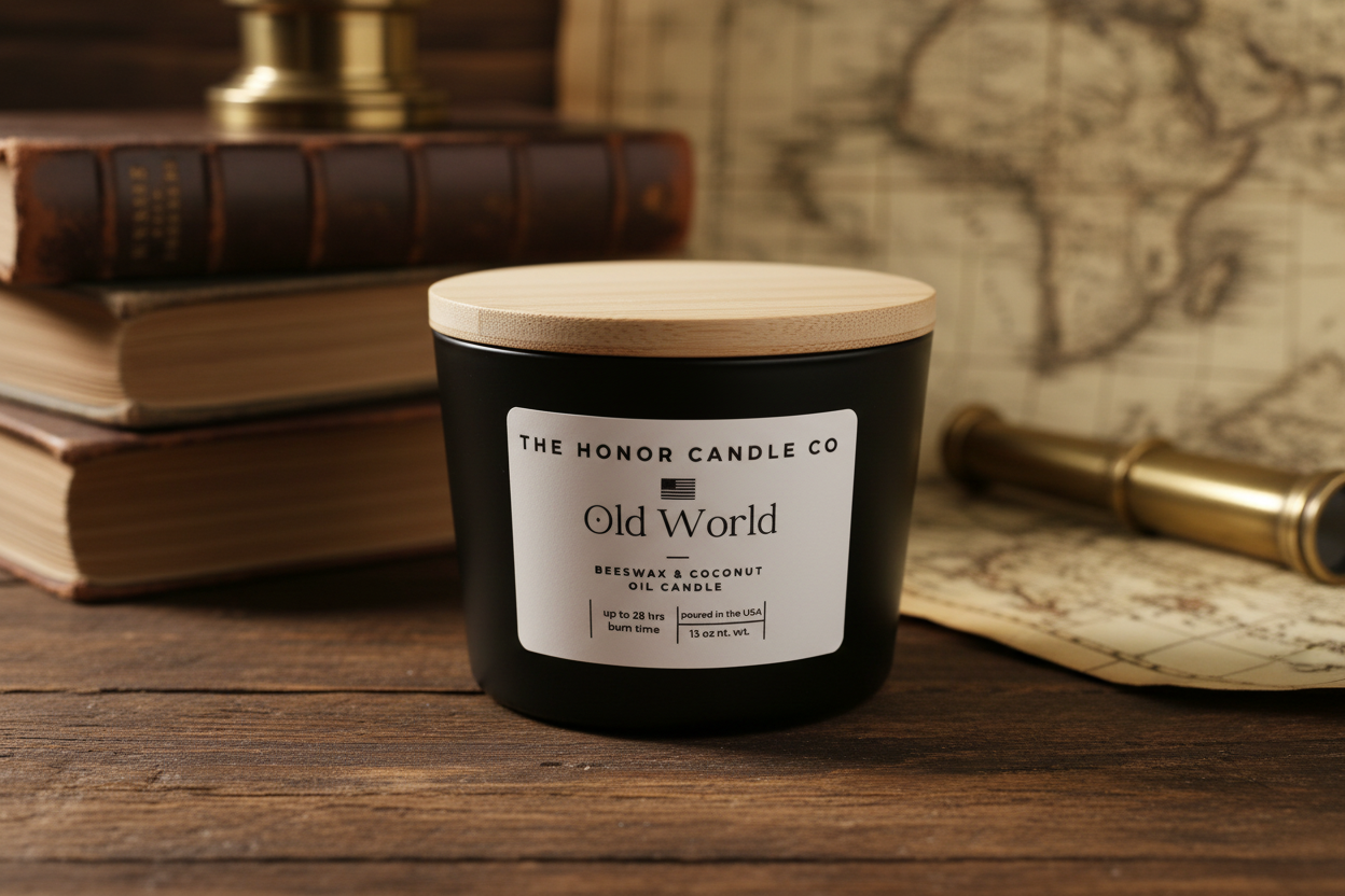 Black candle with wooden lid by The Honor Candle Co, with a white product label, sitting on a wooden table.