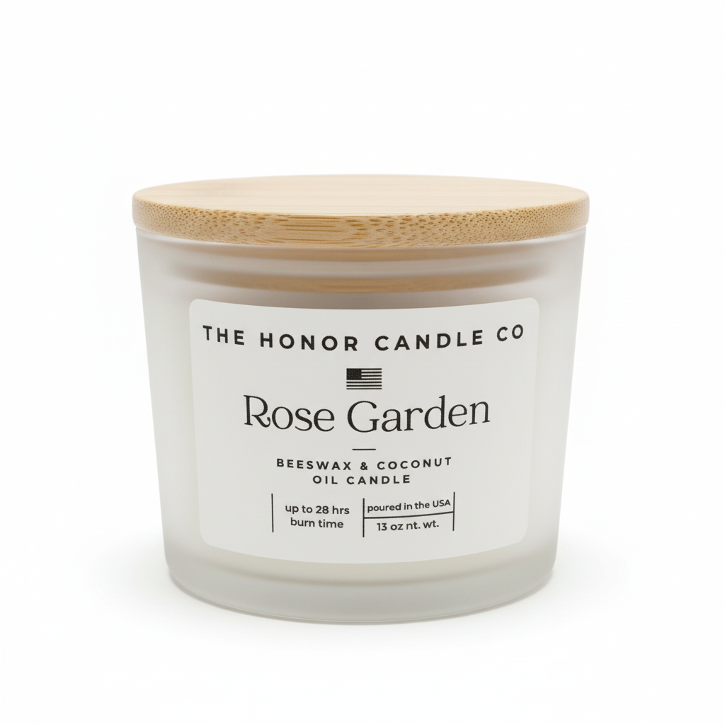 Rose garden beeswax and coconut oil candle by The Honor Candle Co with a wooden lid and frosted glass jar.