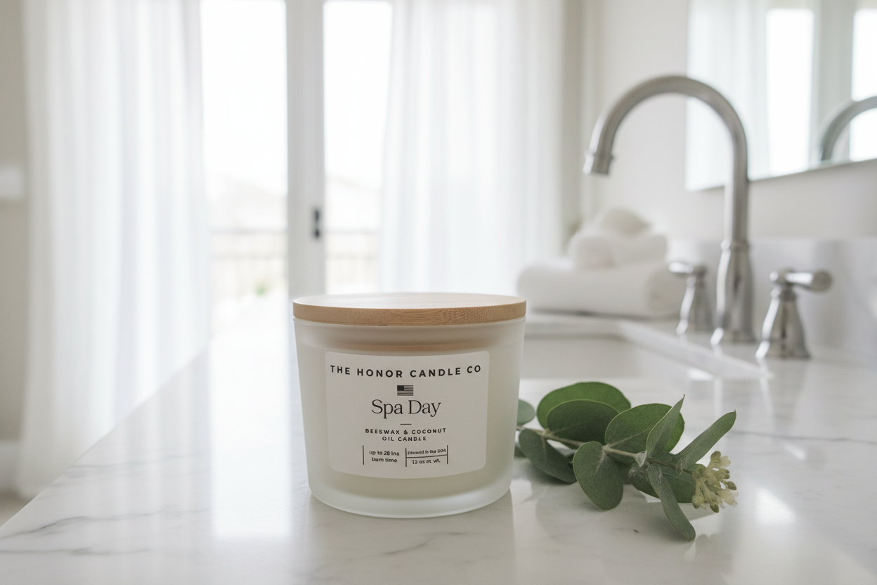 White glass candle with wooden lid by The Honor Candle Co, sitting on a marble counter with eucalyptus sprig.